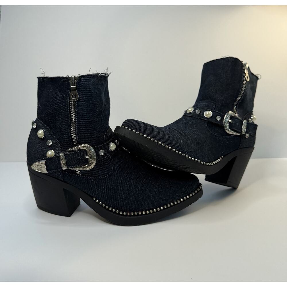 DENIM EMBELLISHED BOOT WITH BUCKLE US SIZE 7.5